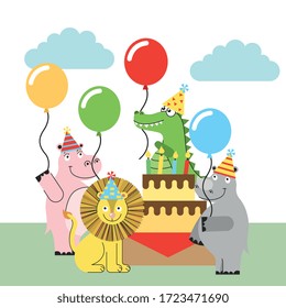 wild animals cartoon in birthday party with cake. vector illustration