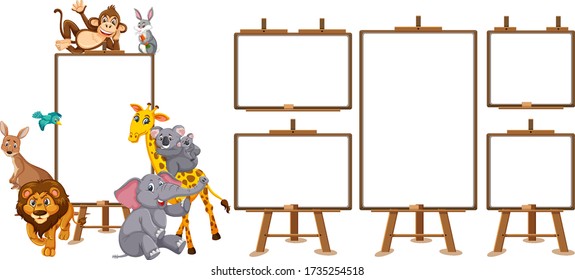 Wild animals cartoon character and blank banner on white background illustration