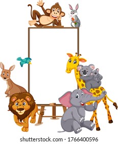 Wild animals cartoon character and blank banner on white background illustration