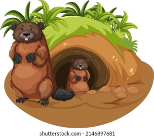Wild animals cartoon character with burrow illustration