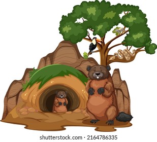 Wild animals cartoon character with burrow illustration