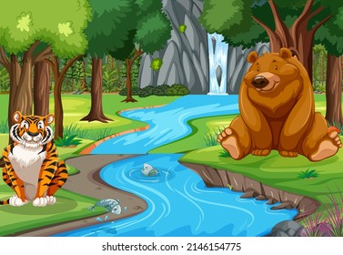 Wild animals cartoon characters in the forest scene illustration