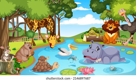 Wild animals cartoon characters in the forest scene illustration