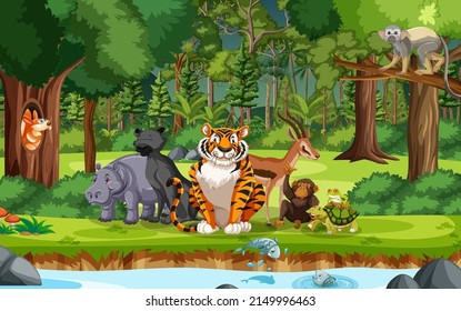 Wild Animals Cartoon Characters Forest Scene Stock Vector (Royalty Free ...