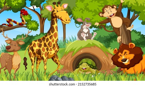 Wild animals cartoon characters in the forest scene illustration