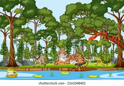 Wild animals cartoon characters in the forest scene illustration