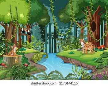 Wild animals cartoon characters in the forest scene illustration