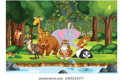 wild animals cartoon characters in the forest scene, vector illustration