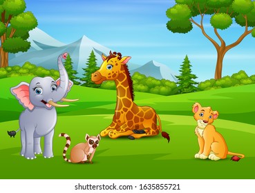 Wild animals cartoon enjoying in the green field