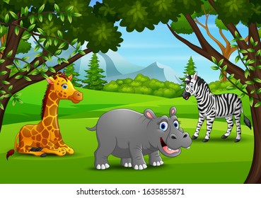 Wild animals cartoon enjoying in the jungle