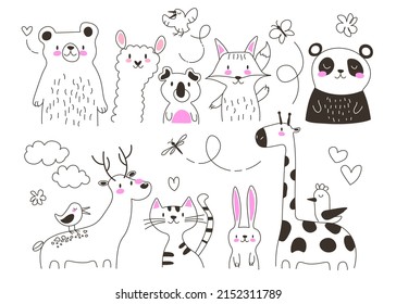 Wild animals cartoon wild fauna isolated set. Black and white graphic vector illustration in the line style EPS