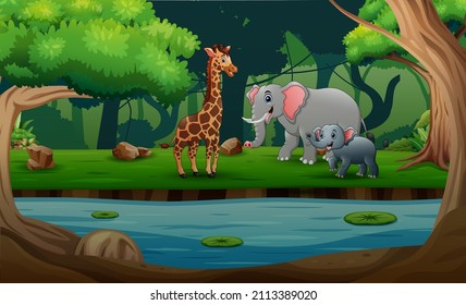 Wild animals cartoon in a forest background