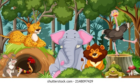 Wild animals cartoon in the forest scene illustration