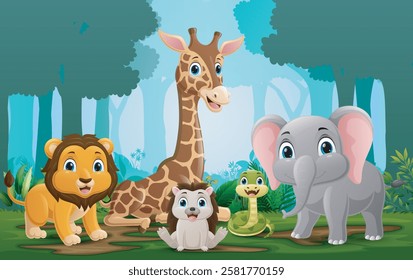 Wild animals cartoon in the jungle background