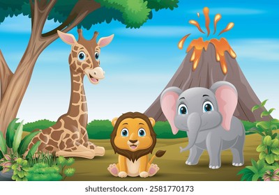 Wild animals cartoon in the jungle background