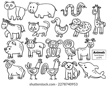 Wild animals cartoon jungle, farm and sea creatures set. Black and white graphic vector illustration in the line style