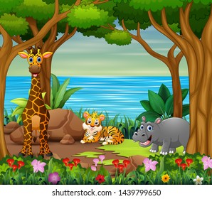 Wild animals cartoon living in the beautiful forest