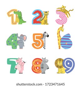 wild animals cartoon with numbers drawing. vector illustration