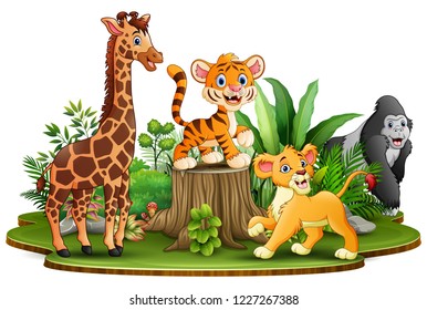 Wild animals cartoon in the park with green plants