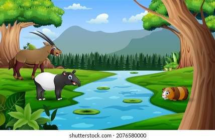 Wild animals cartoon playing in the meadow by the river