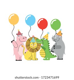 wild animals cartoons in birthday party with hats and balloons. vector illustration