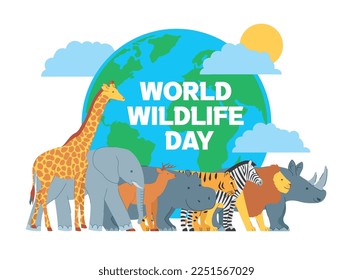 wild animals cartoons with planet. world wildlife day. vector illustration