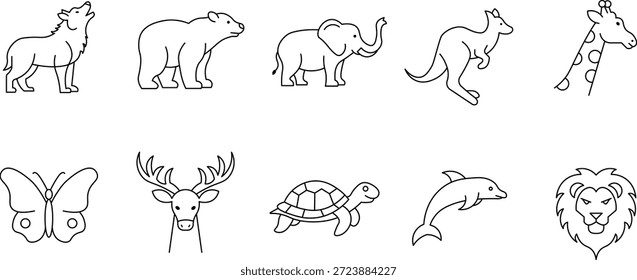 Uma coleção de animais selvagens com um conjunto vetorial de silhuetas da vida selvagem e ilustrações de desenhos animados, incluindo um leão, elefante, urso e girafa para o projeto de arte de safári da natureza