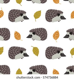 Wild animals collection Hedgehogs and leaves Seamless pattern