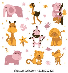 Wild animals collection set isolated on white. Hand drawn lion, giraffe, zebra, elephant. Cartoon exotic koala, monkey and ostrich. Africa safari characters wildlife vector illustration