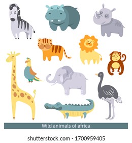 Wild animals collection Set: rhino elephant hippo crocodile parrot giraffe zebra tiger lion ostrich monkey Vector stock illustration White isolated background Cute stylized animals of Africa childrens