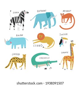 Wild animals collection set and their names isolated on white. Hand drawn lion, giraffe, zebra, elephant. Cartoon exotic mammal, bird and reptile. Africa safari characters wildlife vector illustration