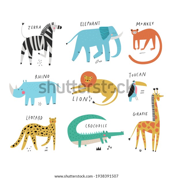 Wild Animals Collection Set And Their Names Isolated On White Hand 