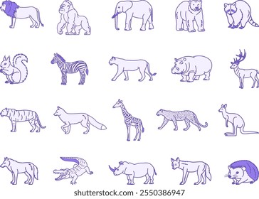 Animales salvajes Iconos de color. Ilustraciones vectoriales de león, gorila, elefante, oso, ciervo, ardilla, cebra, tigre, leopardo, jirafa, mapache, zorro, lobo, rinoceronte y más