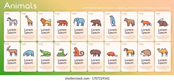 Wild animals color linear vector icon set. Outline symbol collection includes zebra, giraffe, lion, tiger, elephant, crocodile, snake, monkey, bear, penguin, fox, hare, bison, horse, camel and other