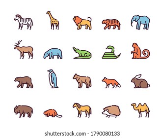 Wild animals color linear vector icon set. Outline symbol collection includes zebra, giraffe, lion, tiger, elephant, crocodile, snake, monkey, bear, penguin, fox, hare, bison, horse, camel and other