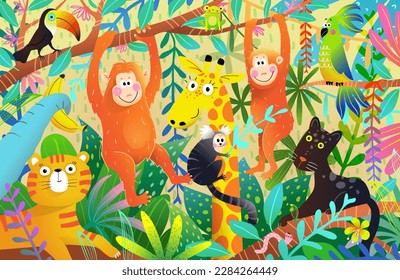 Animales salvajes en colorido diseño de jungla africana para niños. Vibrante y divertida ilustración de collage de animales africanos en la selva tropical. Diseño detallado de la superficie gráfica vectorial para niños.