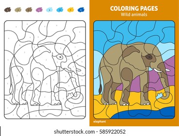 Wild animals coloring page for kids, elephant. Printable design coloring book. Coloring puzzle with numbers of color. Black and white draw with color example.