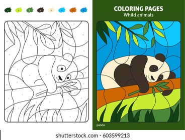 Wild animals coloring page for kids panda bear. Printable design coloring book. Coloring puzzle with numbers of color. Black and white draw with color example. Coloring book. Color numbers book.