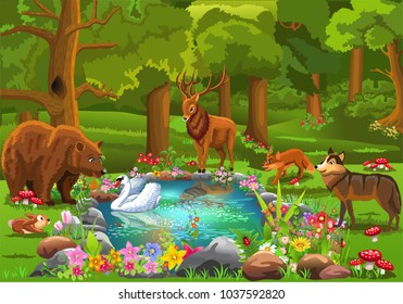 Wild animals coming to the forest pond surrounded by flowers in fairy tale atmosphere