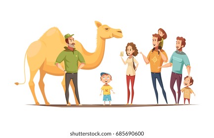 Composición de animales salvajes con instructor de conducción de camellos dromedarios y grupo de niños curiosos y personajes adultos ilustración vectorial