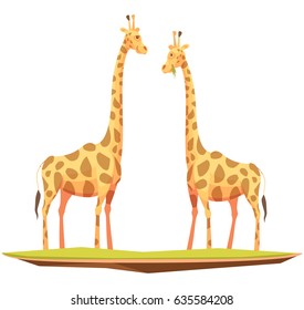 Wild animals composition with two flat doodle style giraffe images chewing grass on blank background vector illustration