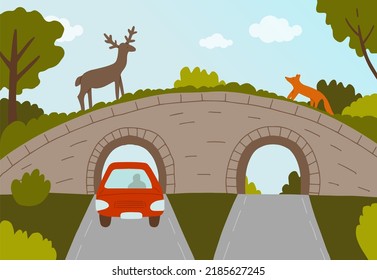Wild animals cross the road the eco bridge  Bridge over highway  Ecoduct  Vector hand drawn illustration 