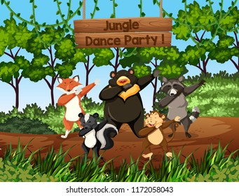 Wild animals dancing in the jungle illustration