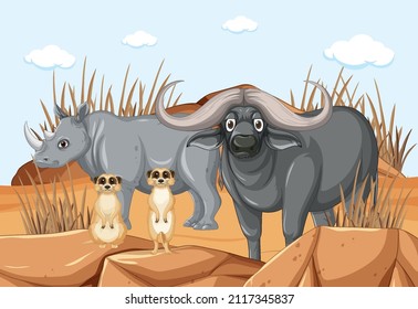 Wild animals in desert forest landscape illustration