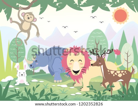 Wild animals are designed in a fun manner in scenic natural scenery with a horizontal look.