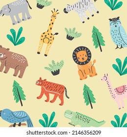 wild animals doodle pattern background