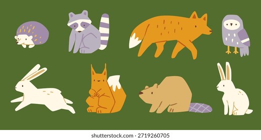 Conjunto de doodle de animales salvajes. Colección de animales de bosque de dibujos animados.