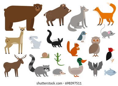 Wild animals elements collection, flat icons set, Colorful symbols pack contains - Fox Wolf Bear Deer Elk Boar Owl Hedgehog Squirrel Mouse Bat Batman. Vector illustration. Flat style design