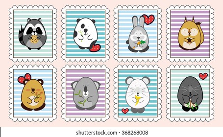 Wild animals, elements of decoration. Set of beautiful forest rubber stamps, label, sticker. Flat cartoon. For diary, planner, notebook. Striped frame. Bear, bunny, mouse, koala, raccoon, red hart 