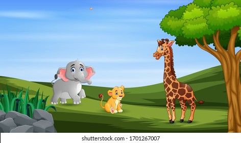 Wild animals enjoying at the green field